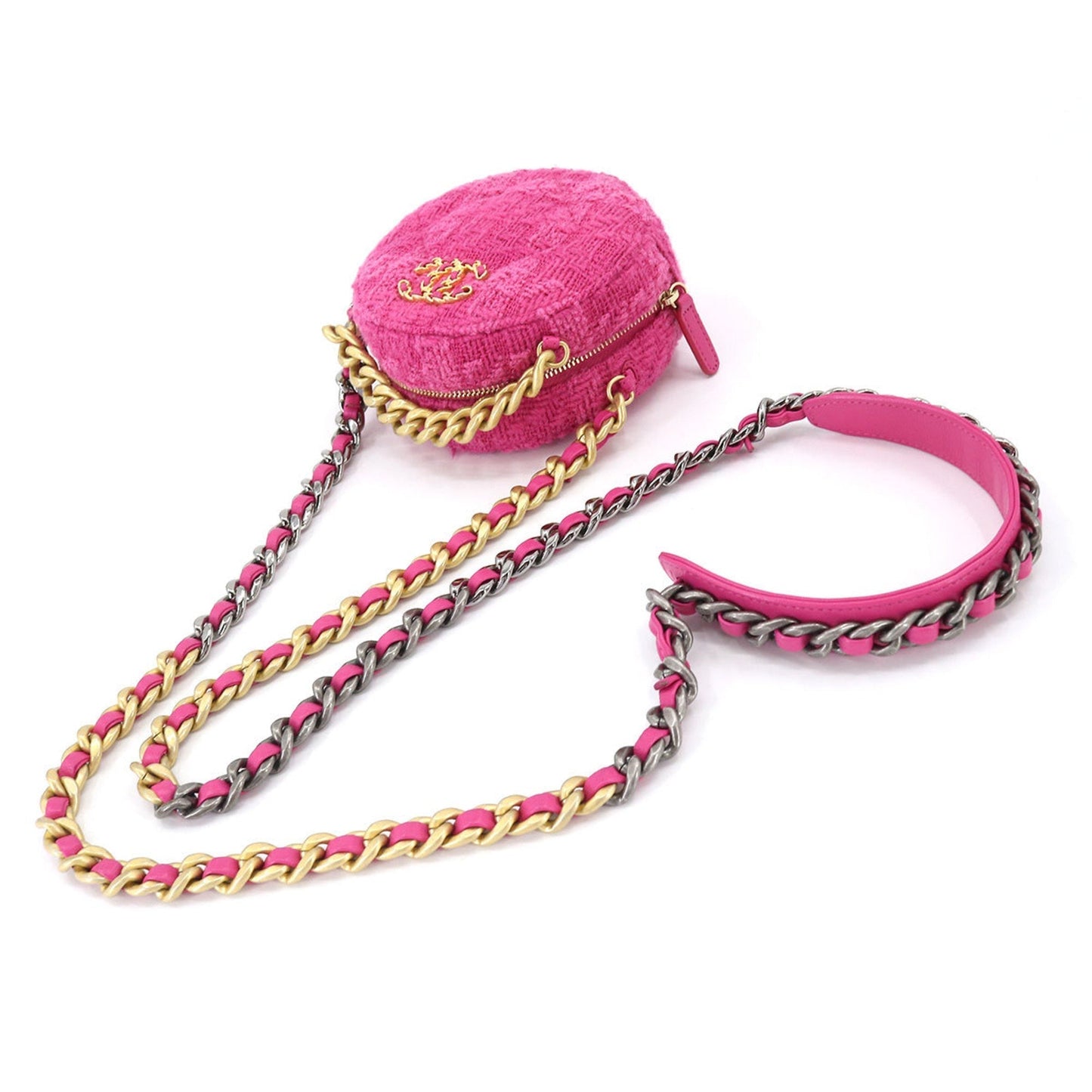CHANEL 19 Bag with round chain shoulder bag tweed leather pink pouch