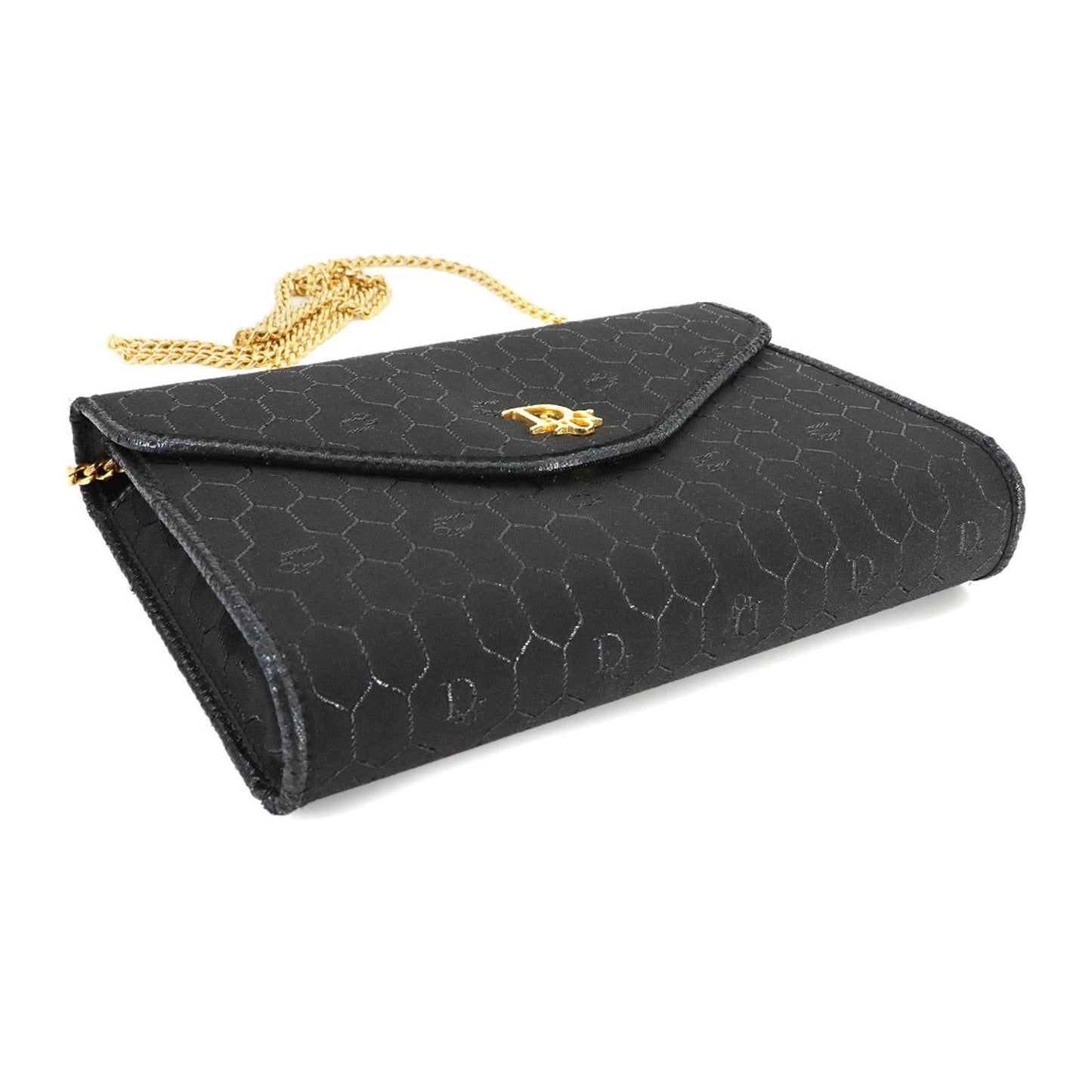 Christian Dior Honeycomb 2way Clutch Shoulder Bag Canvas Leather Black Gold Metal Fittings