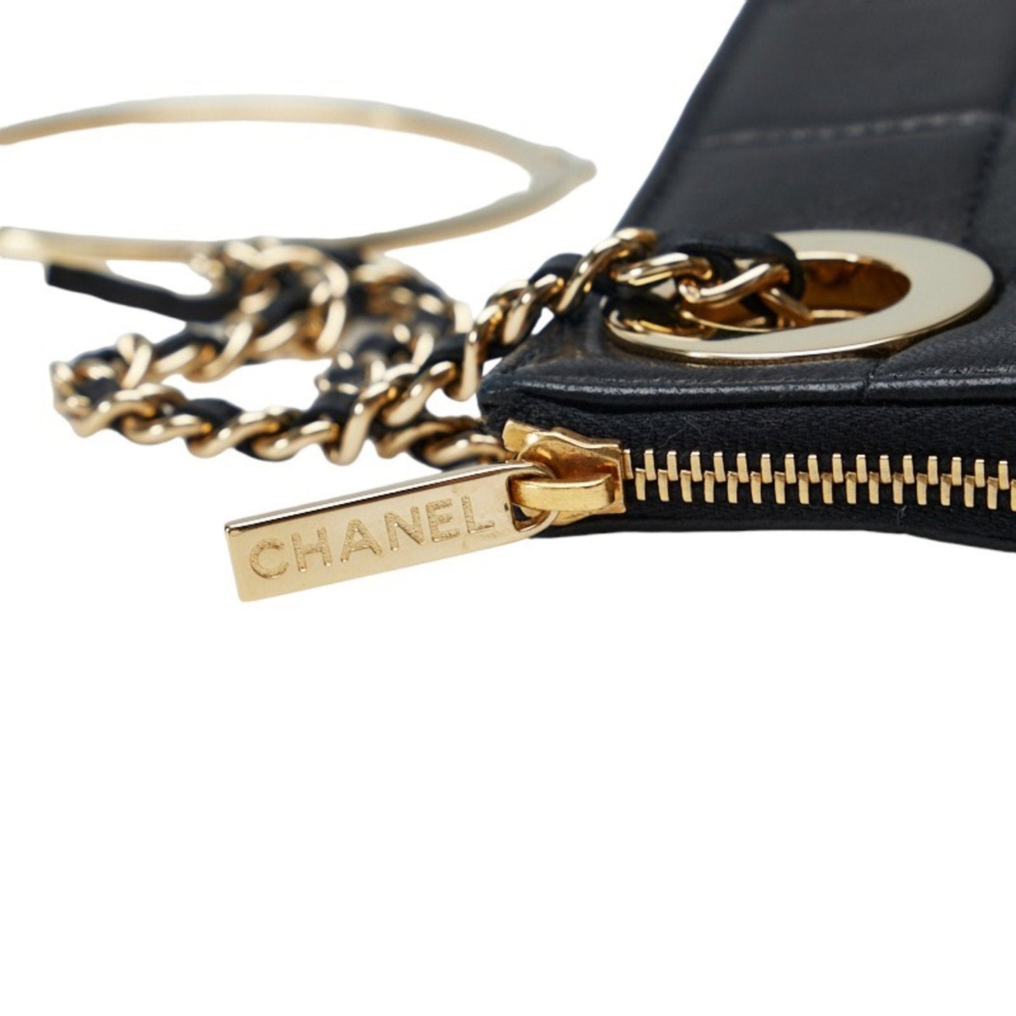 CHANEL Chocolate Bar Ring Handle Clutch Bag Second Pouch Black Gold Lambskin Ladies