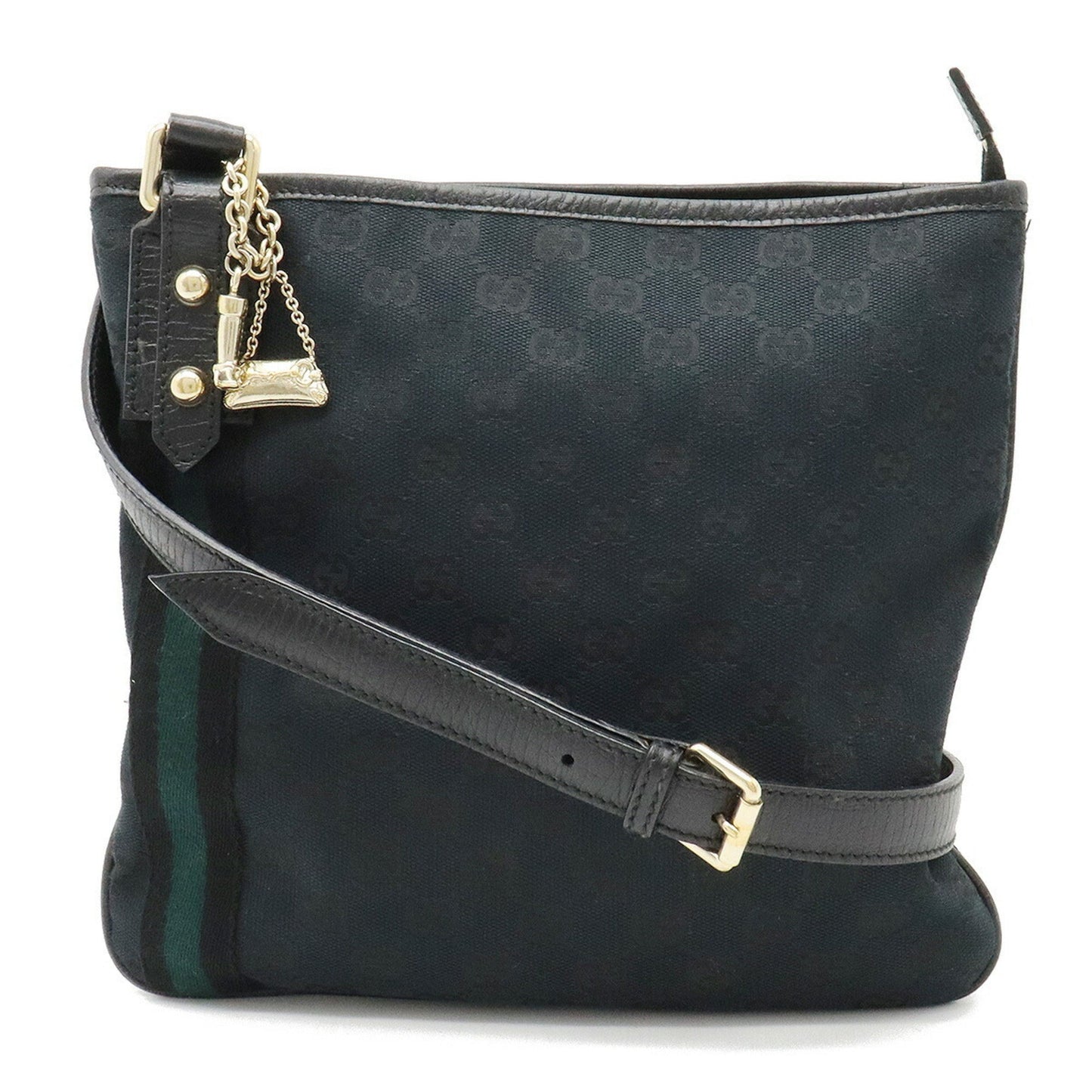 GUCCI GG Canvas Sherry Line Shoulder Bag Leather Black Green