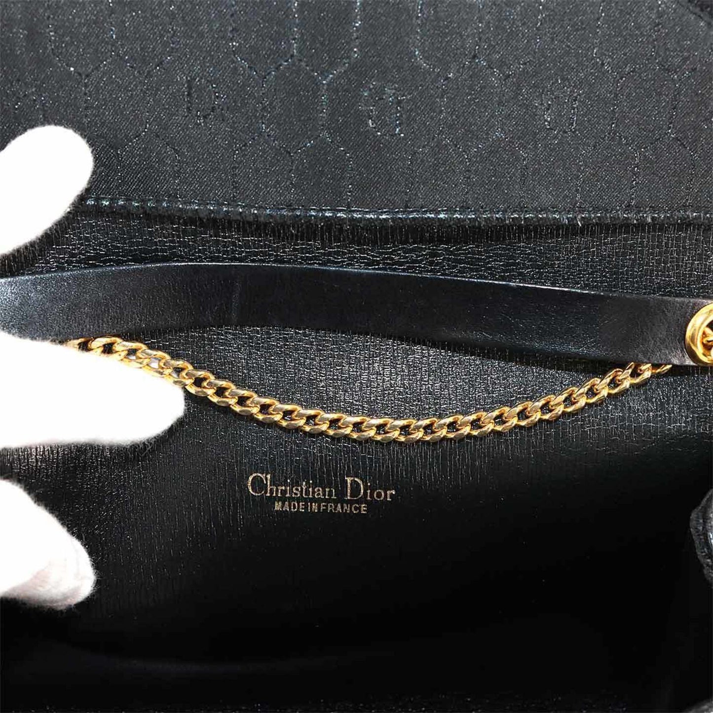 Christian Dior Honeycomb 2way Clutch Shoulder Bag Canvas Leather Black Gold Metal Fittings