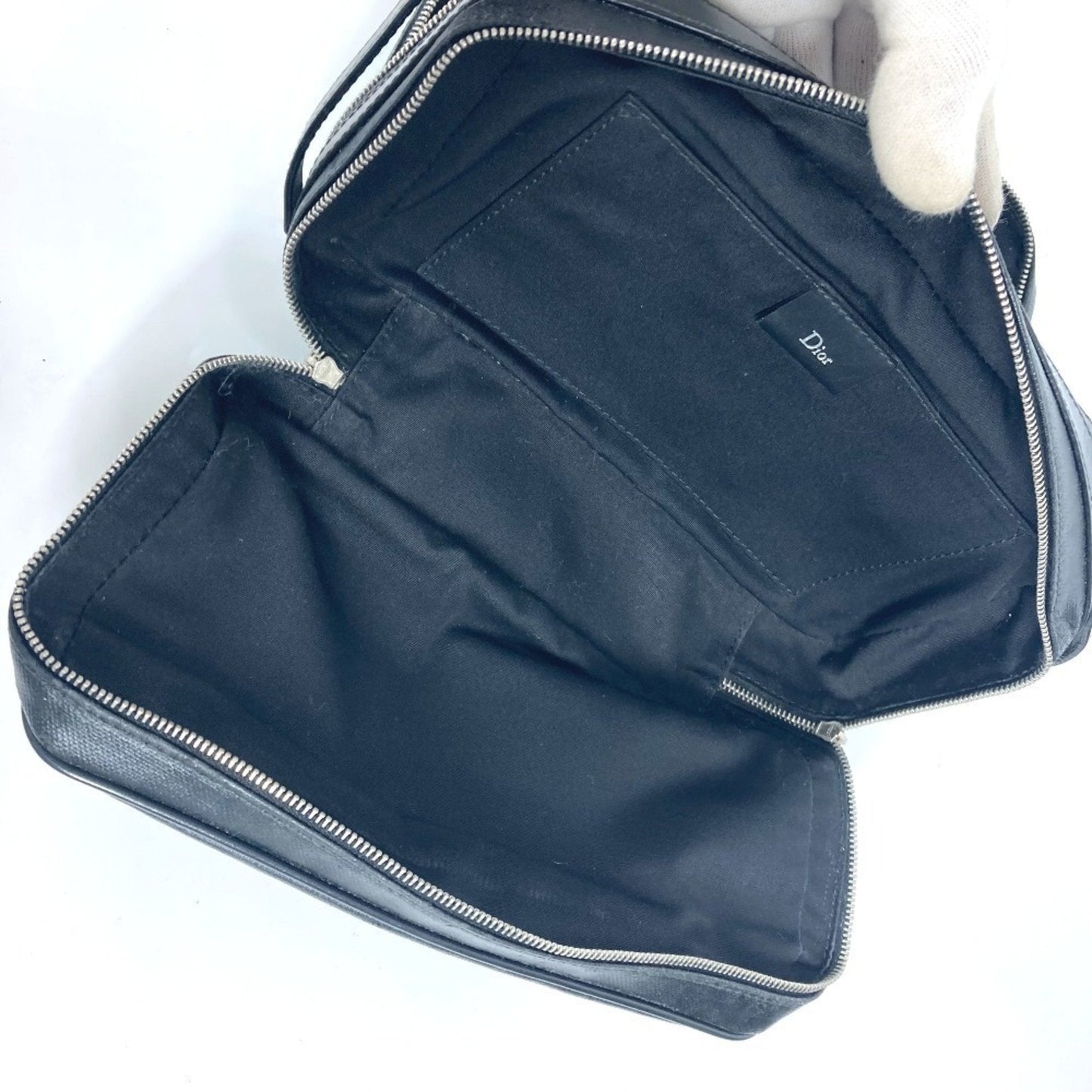Christian Dior Dior Trotter Logo Pouch Clutch Bag Second Leather Coated Canvas Men's Black