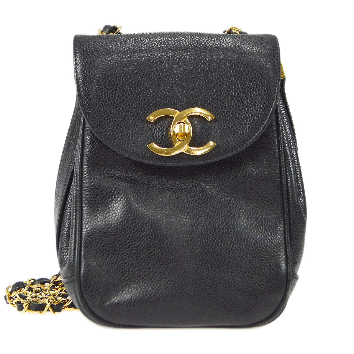 CHANEL 1986-1988 Round Flap Shoulder Bag Black Caviar