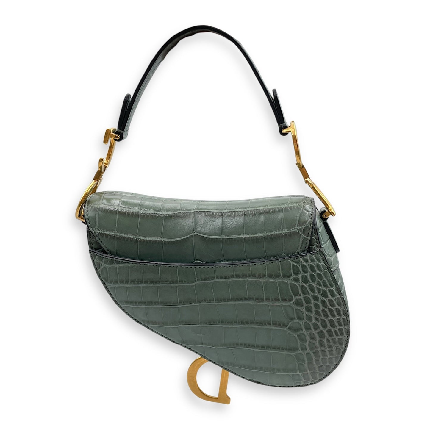 Saddle with Long strap Mini Green Shoulder Bag in Alligator, Gold hardware