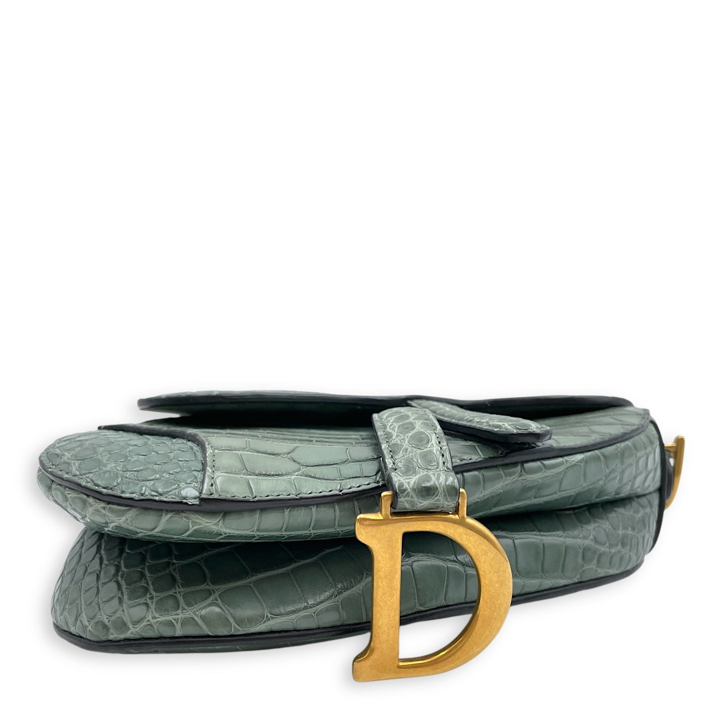 Saddle with Long strap Mini Green Shoulder Bag in Alligator, Gold hardware