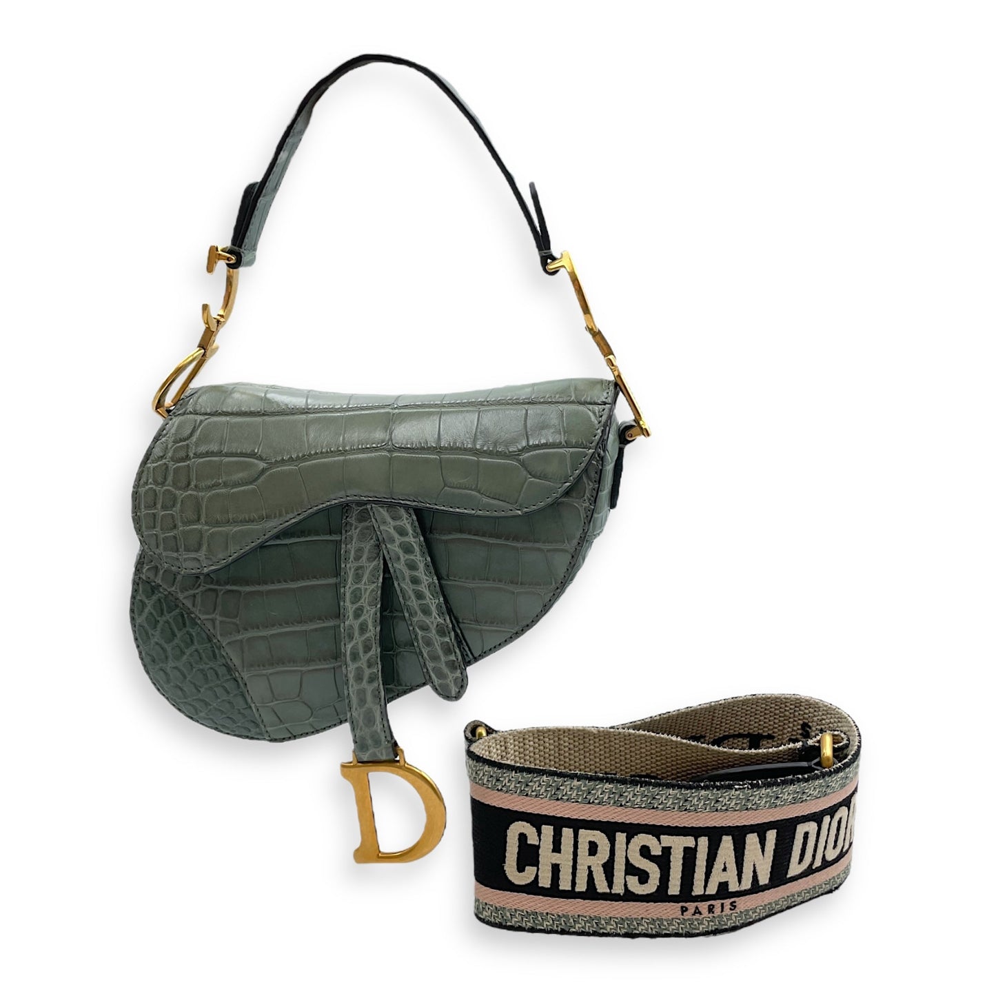 Saddle with Long strap Mini Green Shoulder Bag in Alligator, Gold hardware