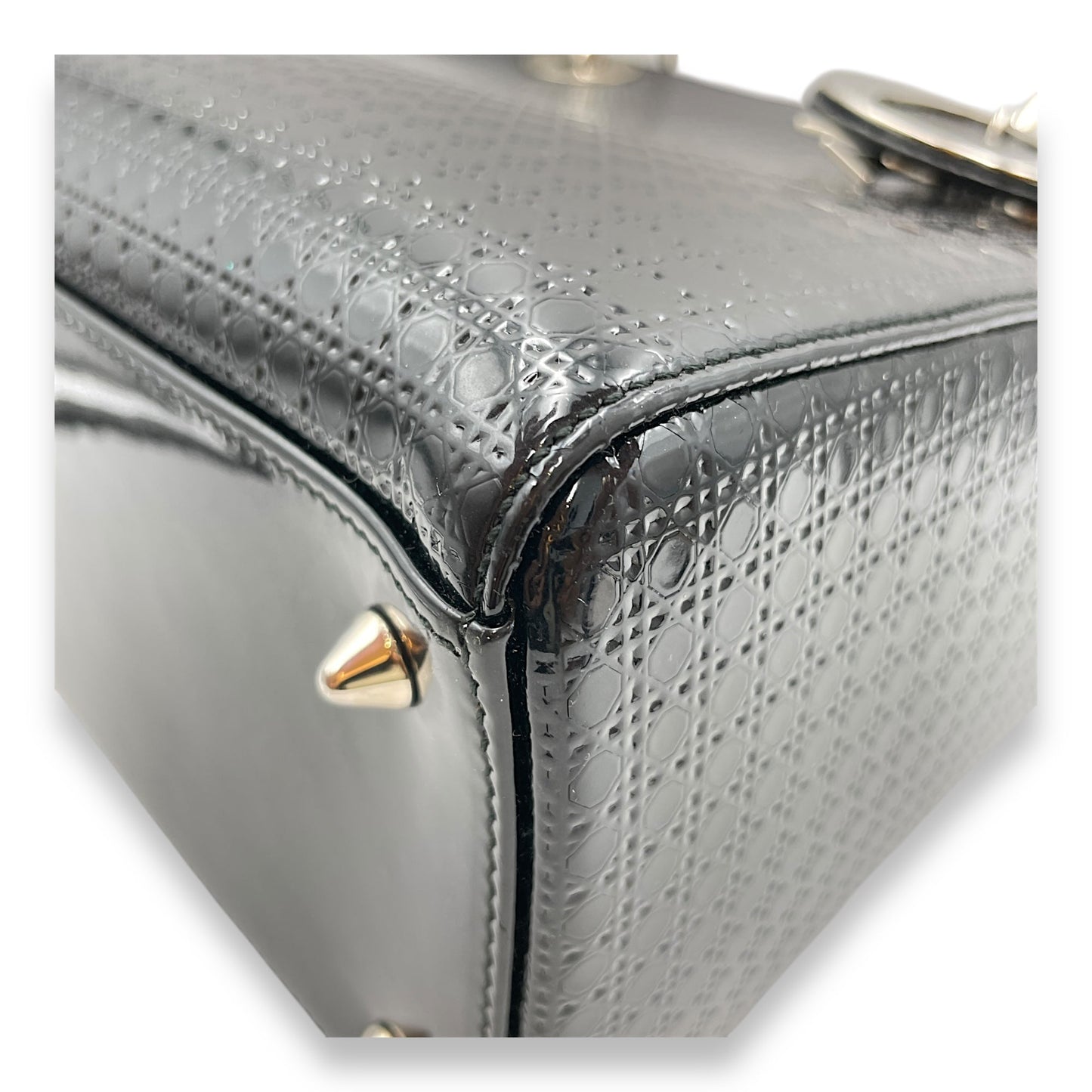 Lady Dior Cannage Tote with Zipper Medium Black Top Handle Bag in Patent, Silver hardware