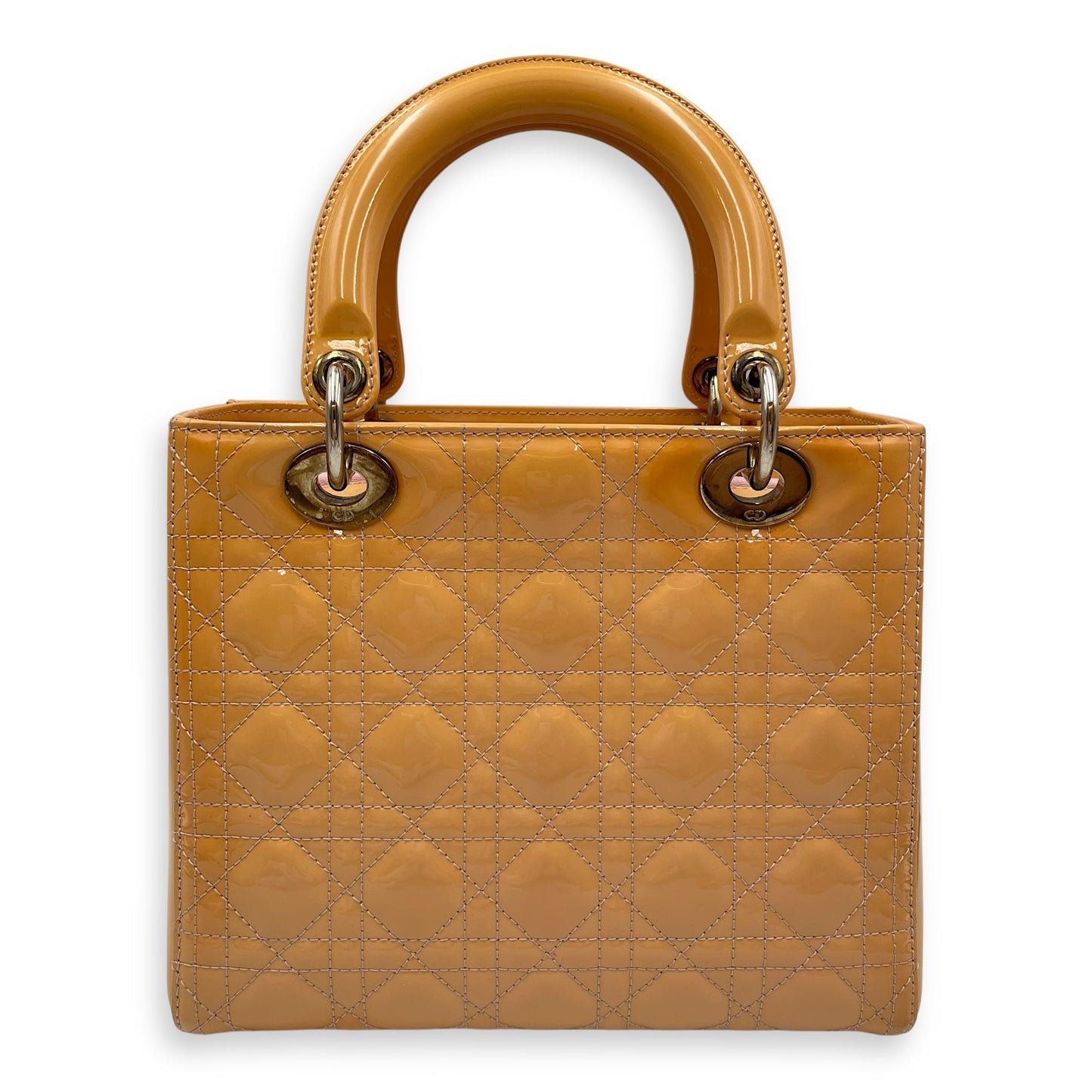 Lady Dior Cannage Medium Orange Shoulder Bag in Patent Leather, Silver hardware