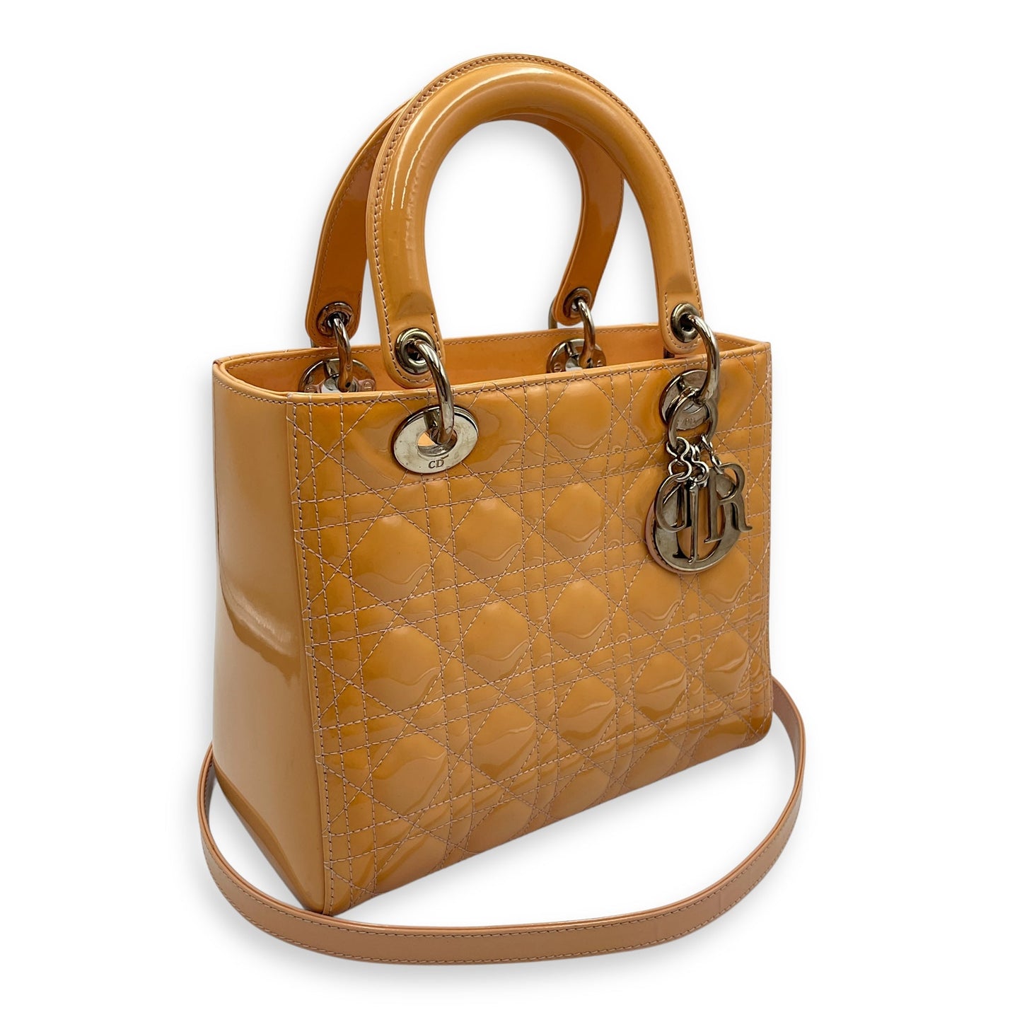 Lady Dior Cannage Medium Orange Shoulder Bag in Patent Leather, Silver hardware