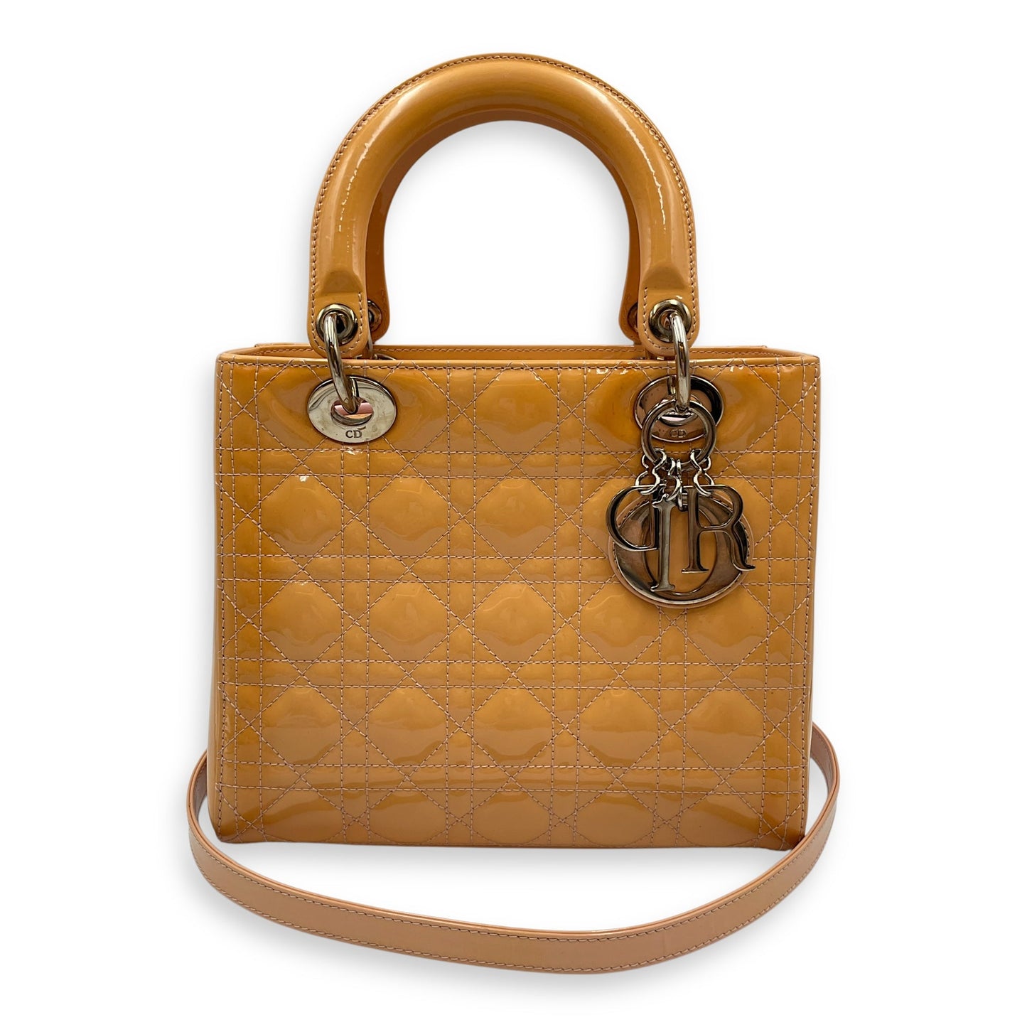 Lady Dior Cannage Medium Orange Shoulder Bag in Patent Leather, Silver hardware