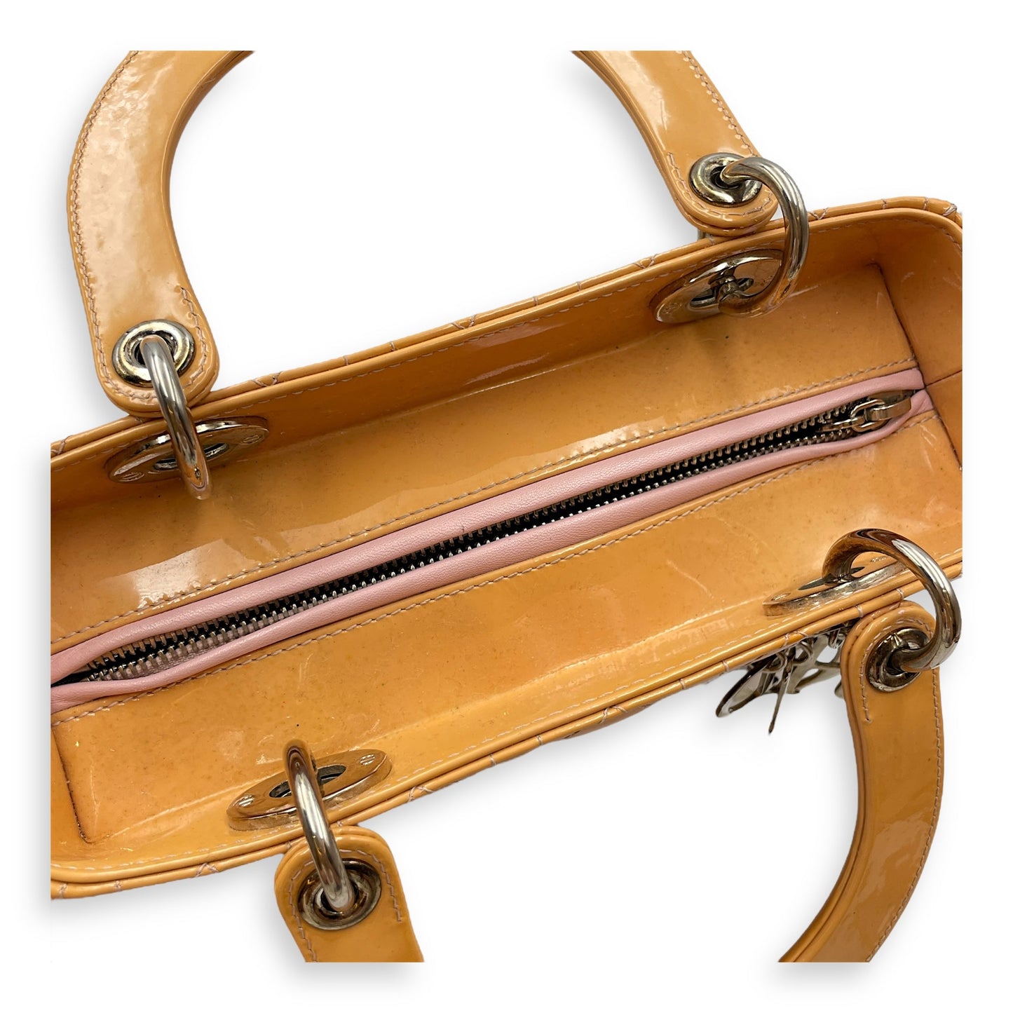 Lady Dior Cannage Medium Orange Shoulder Bag in Patent Leather, Silver hardware