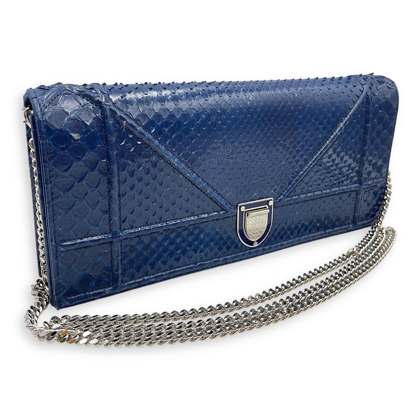 Diorama Navy Clutch in Python Leather, Silver hardware