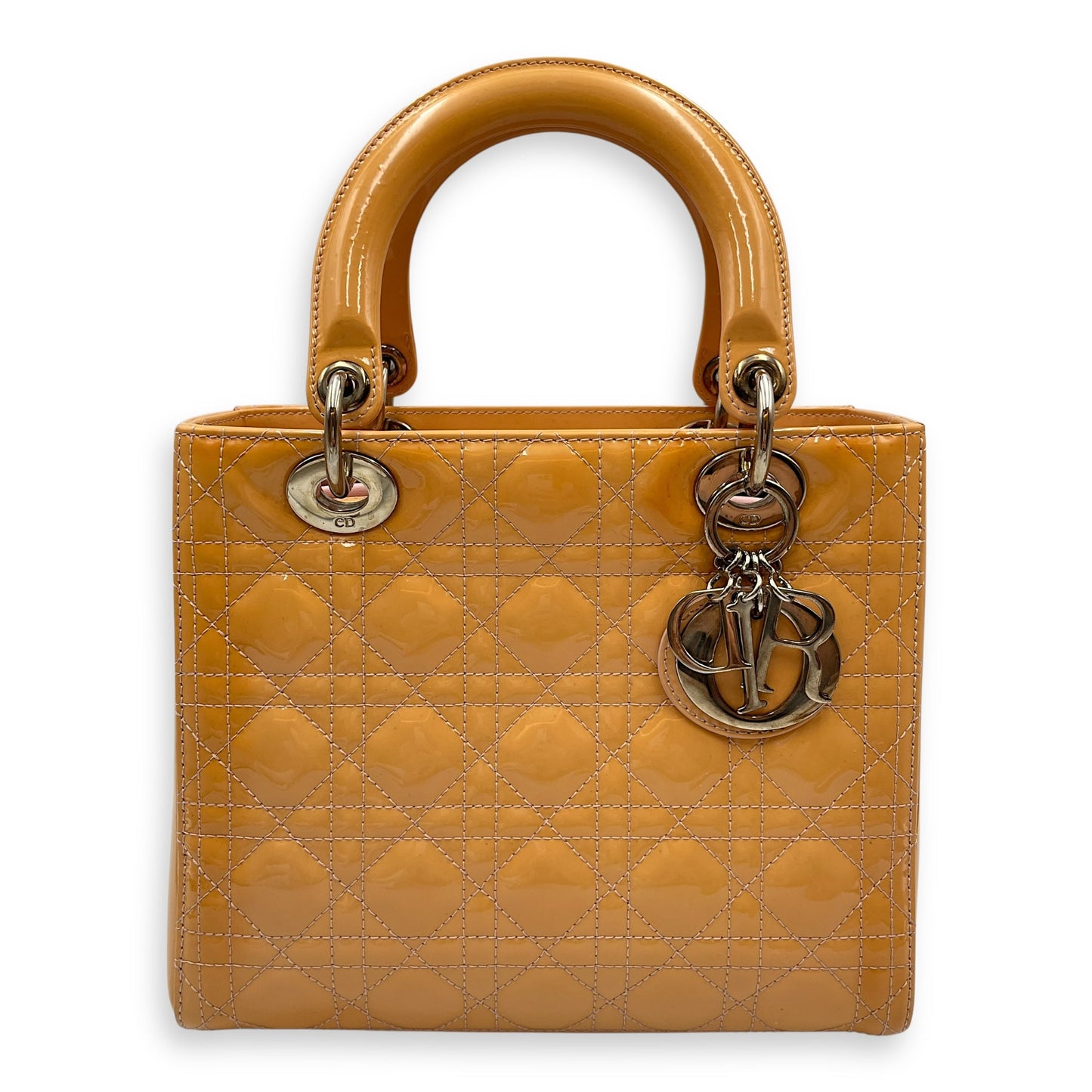 Lady Dior Cannage Medium Orange Shoulder Bag in Patent Leather, Silver hardware