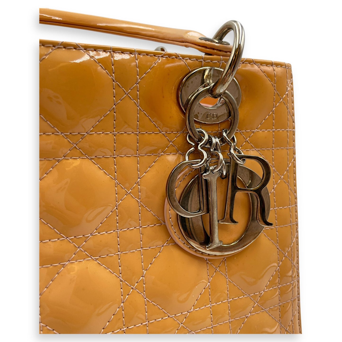 Lady Dior Cannage Medium Orange Shoulder Bag in Patent Leather, Silver hardware