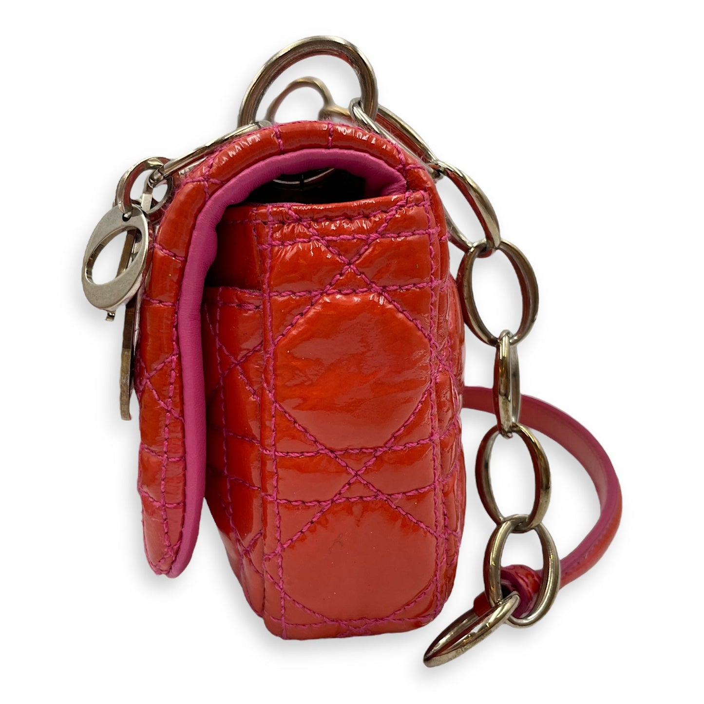 Lady Dior Rendezvous Orange/Pink Shoulder Bag in Patent Leather, Silver hardware