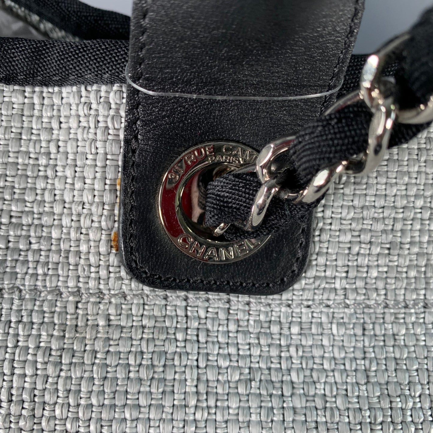 CHANEL Deanville Black Grey Tweed Straw Canvas Tote Leather Handles Handbag