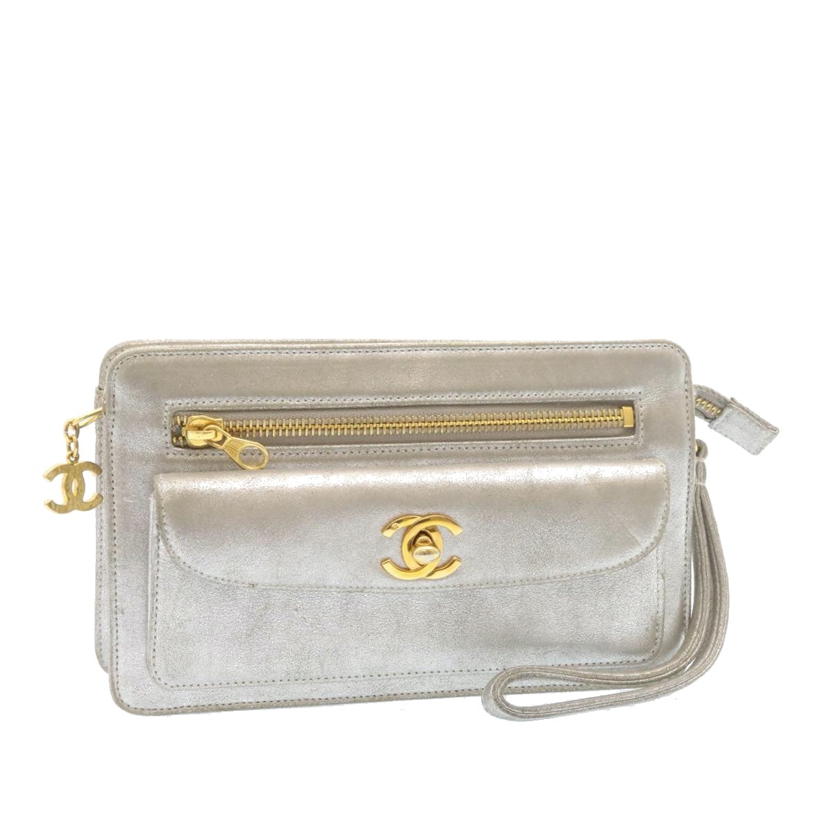 CHANEL Clutch Bag Leather Silver CC 26857
