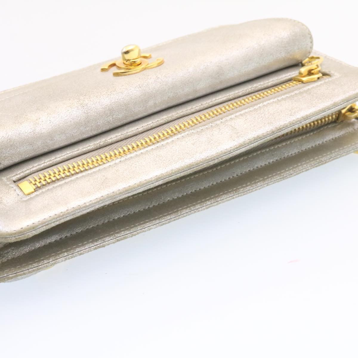 CHANEL Clutch Bag Leather Silver CC 26857