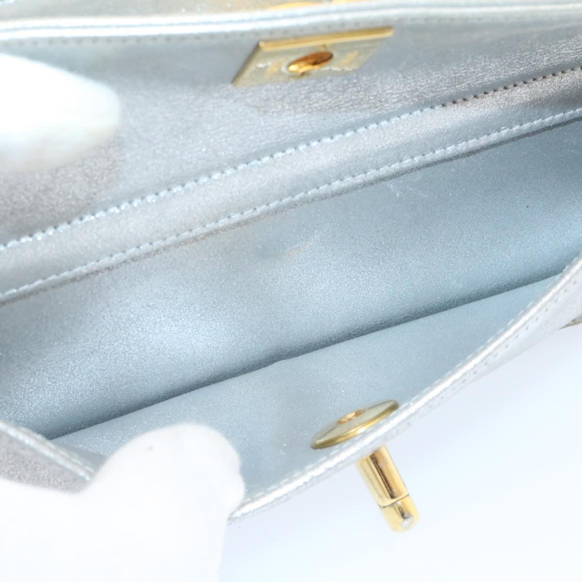 CHANEL Clutch Bag Leather Silver CC 26857