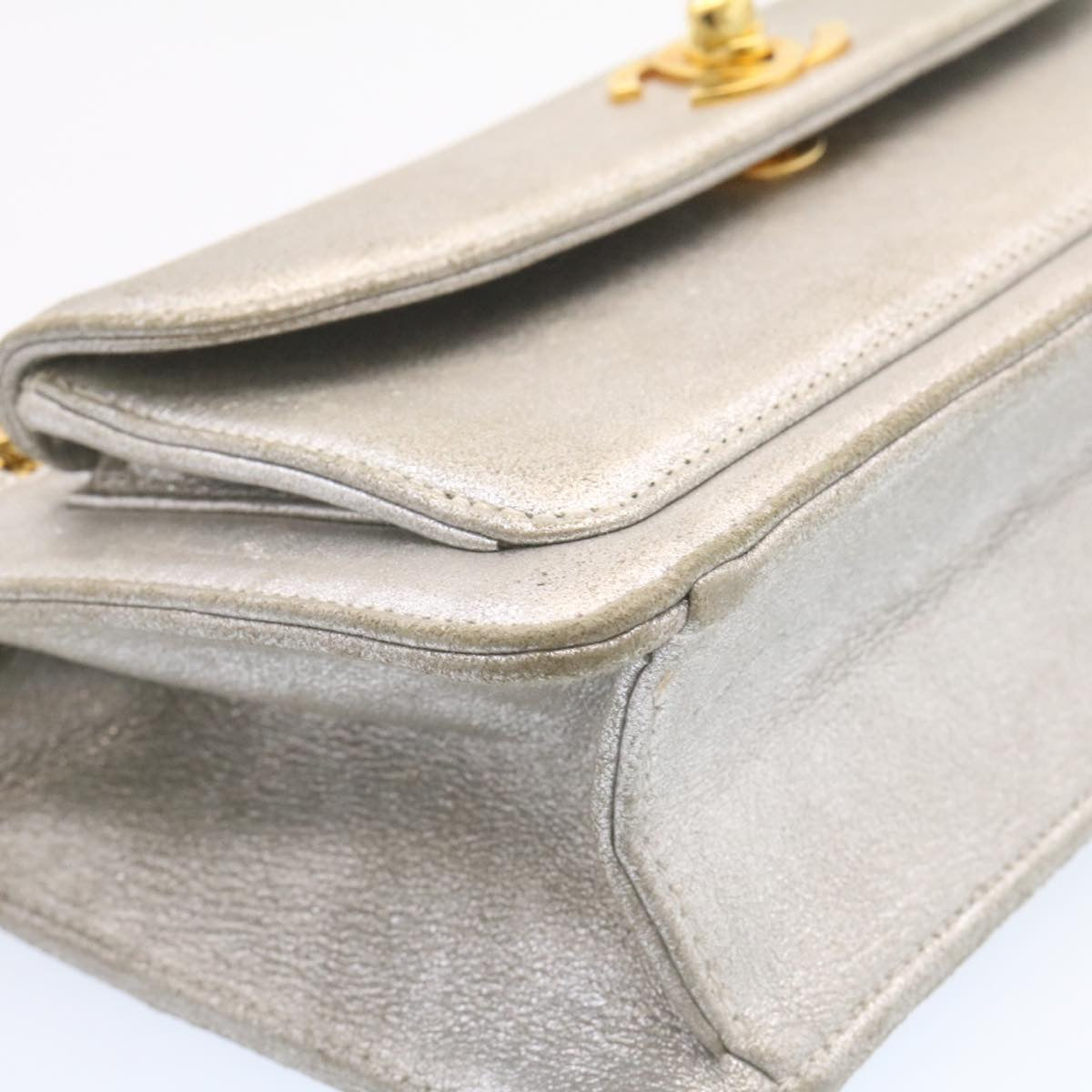 CHANEL Clutch Bag Leather Silver CC 26857