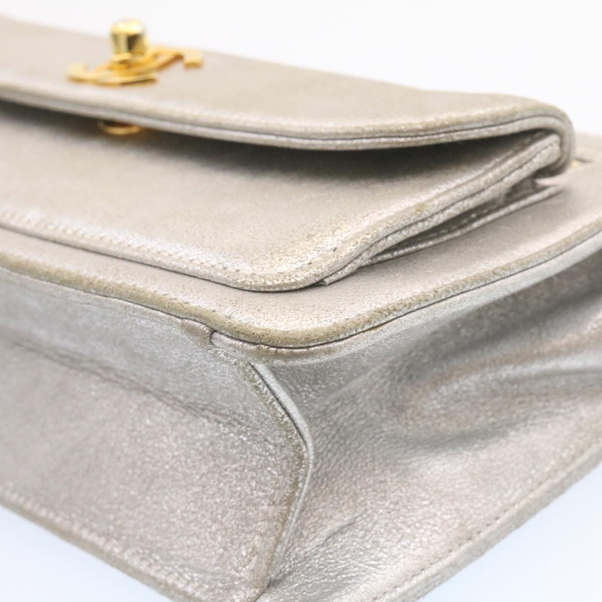 CHANEL Clutch Bag Leather Silver CC 26857