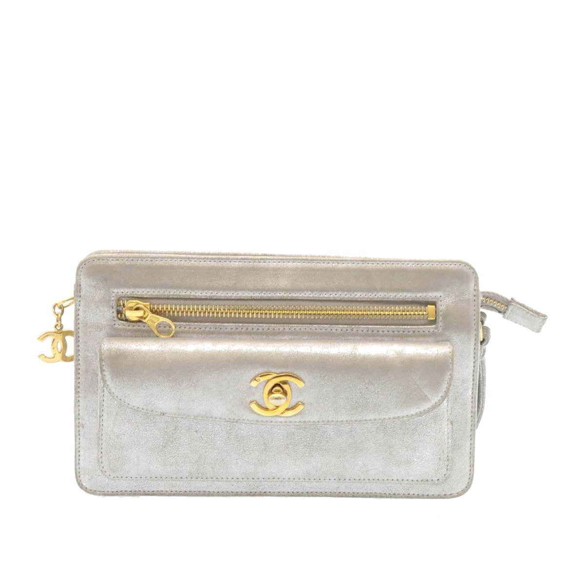 CHANEL Clutch Bag Leather Silver CC 26857