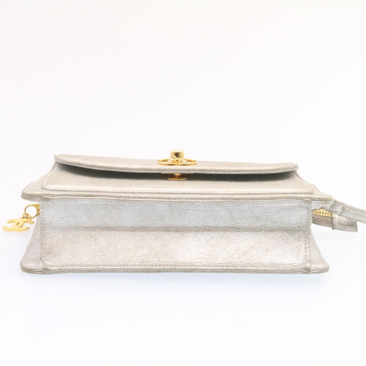 CHANEL Clutch Bag Leather Silver CC 26857