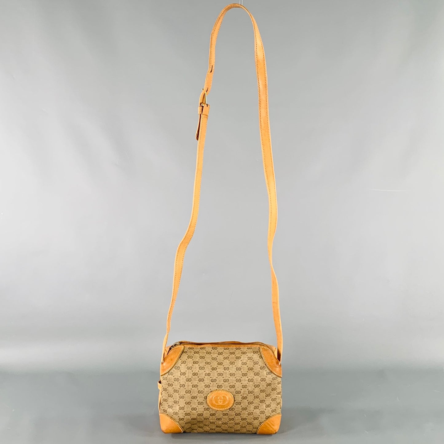 GUCCI Beige Tan Monogram Leather Coated Canvas Crossbody Handbag