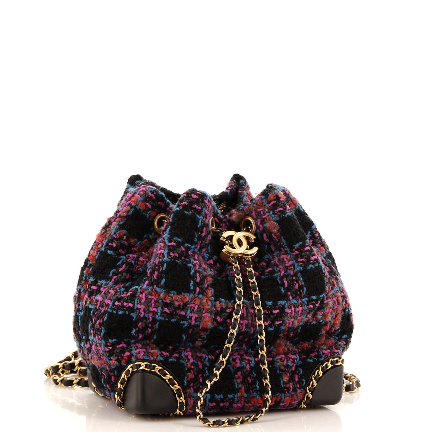 Chained Drawstring CC Bucket Backpack Quilted Tweed Small