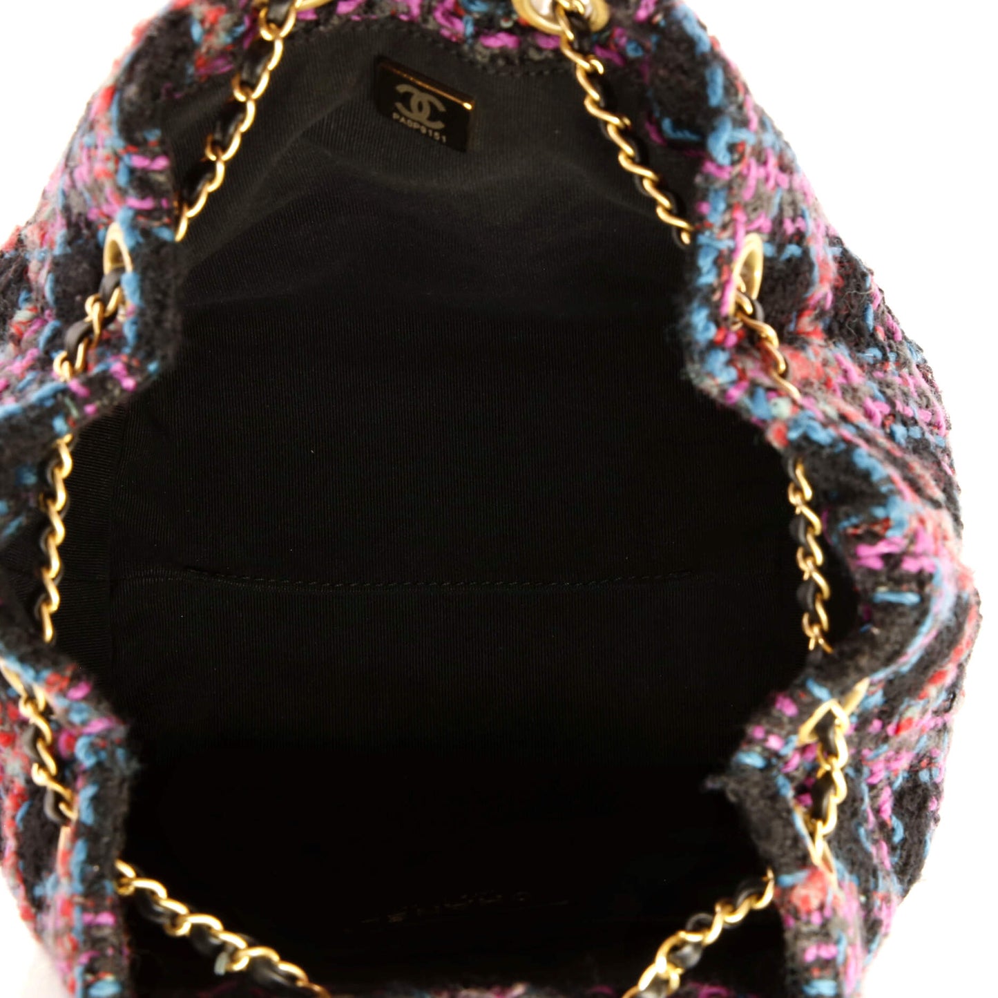 Chained Drawstring CC Bucket Backpack Quilted Tweed Small