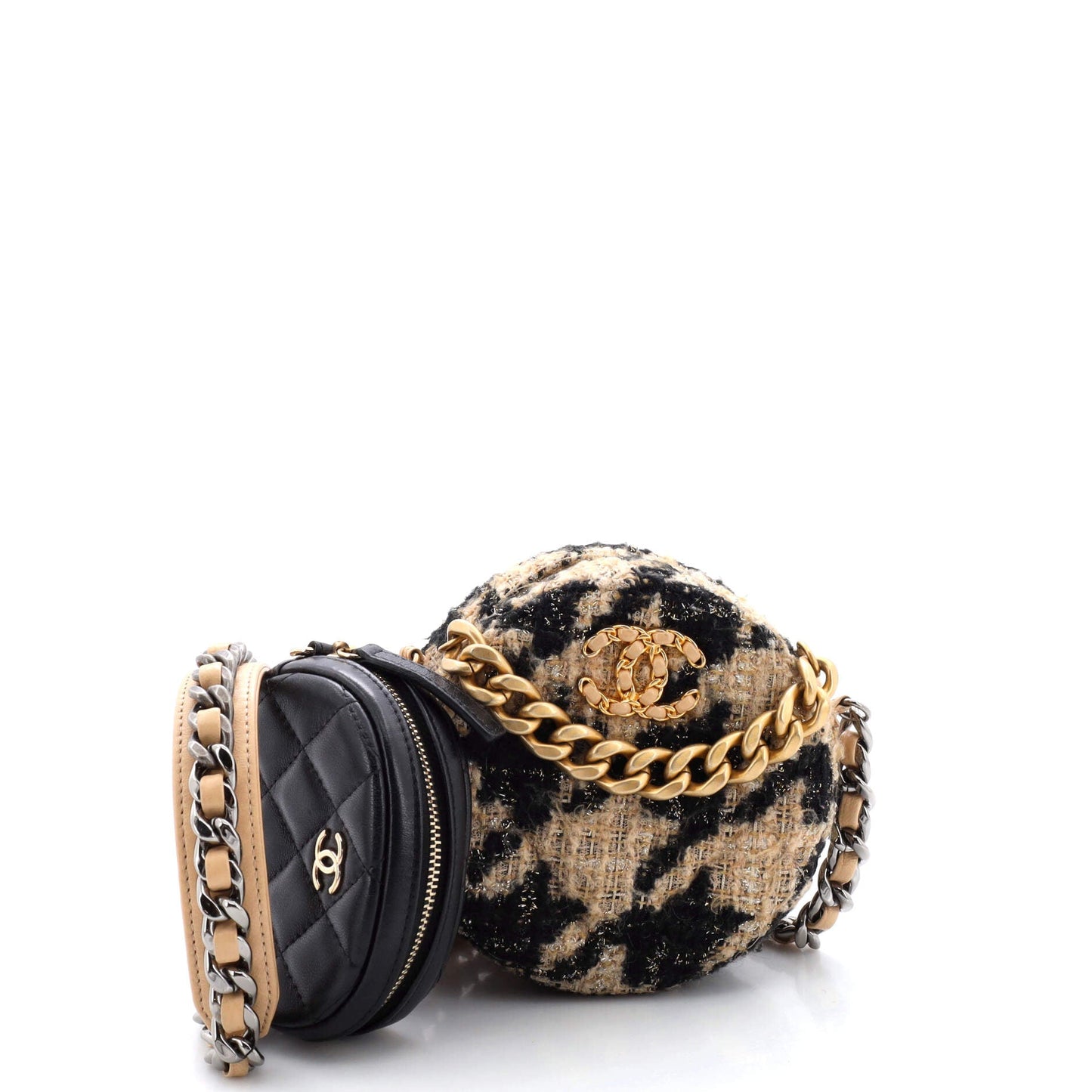 19 Round Clutch with Chain and Coin Purse Quilted Tweed and Lambskin