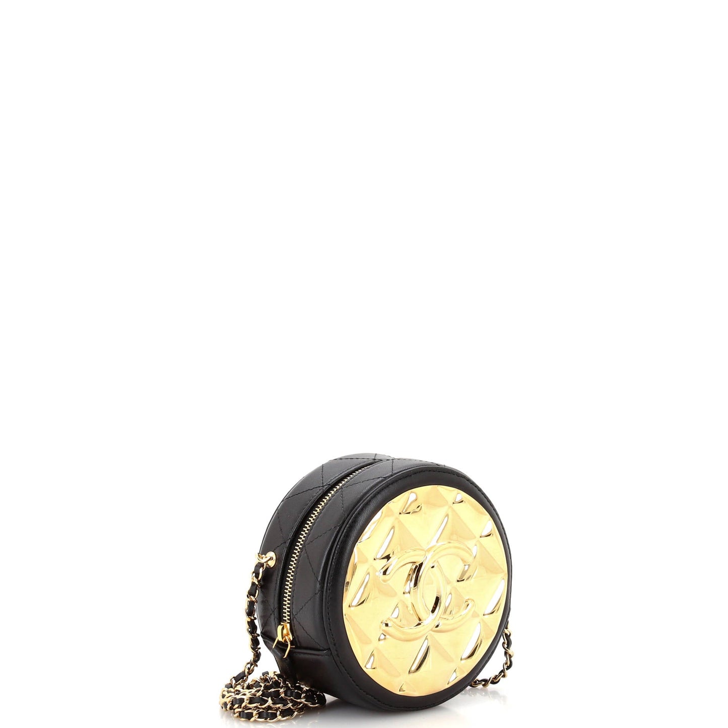 Golden Plate Round Clutch with Chain Quilted Metal and Lambskin Mini