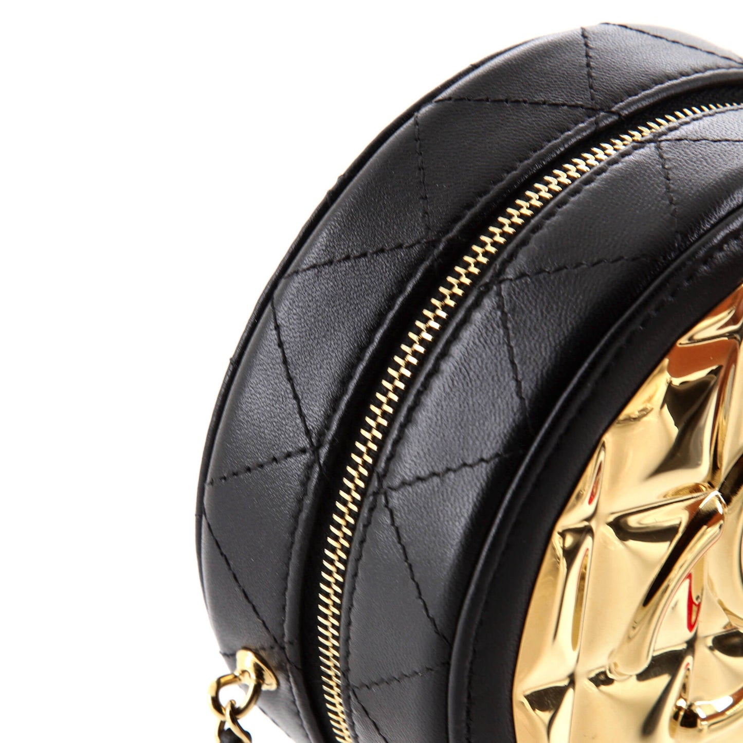 Golden Plate Round Clutch with Chain Quilted Metal and Lambskin Mini