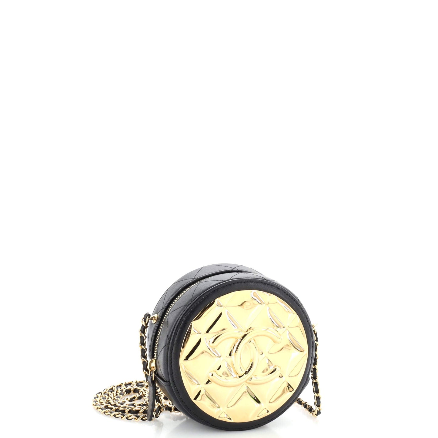 Golden Plate Round Clutch with Chain Quilted Metal and Lambskin Mini
