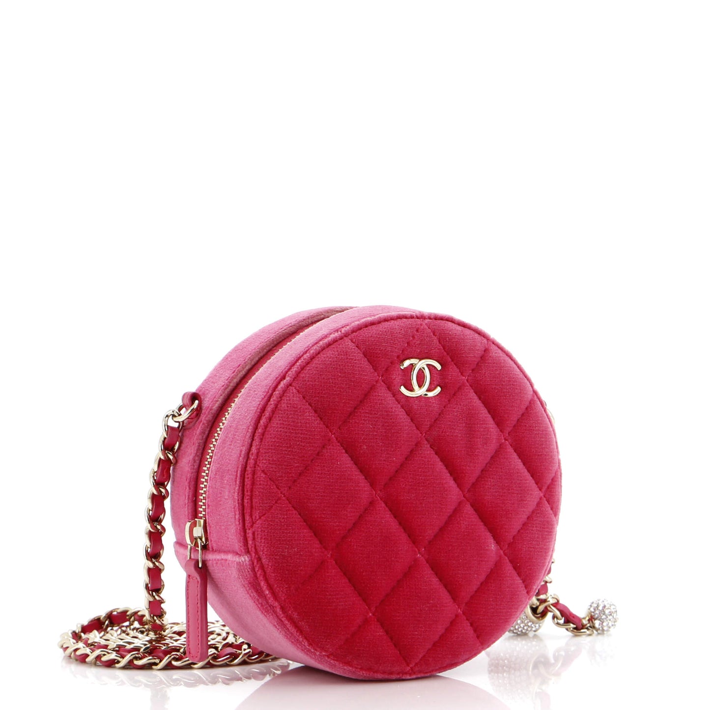 Pearl Crush Round Clutch with Chain Quilted Velvet with Crystal Detail
