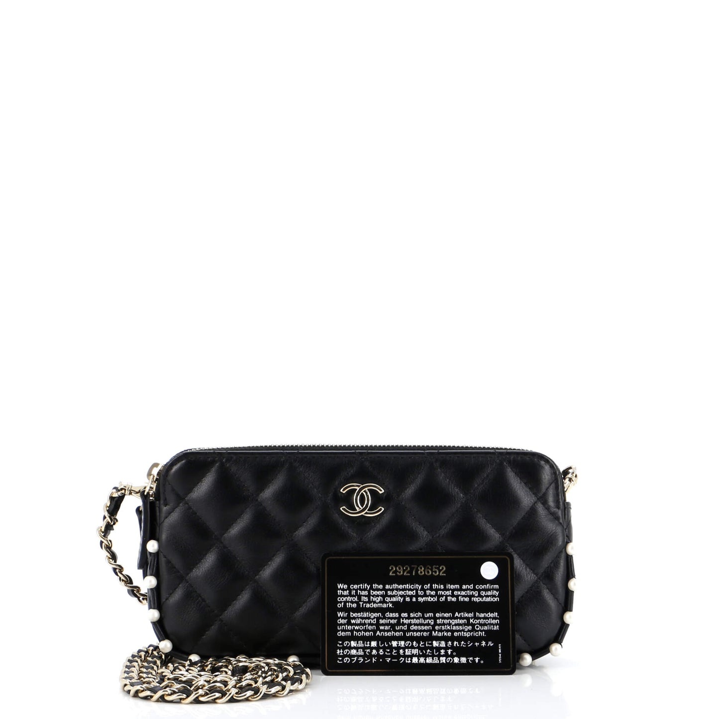 Double Zip Clutch with Chain Quilted Calfskin with Pearl Detail
