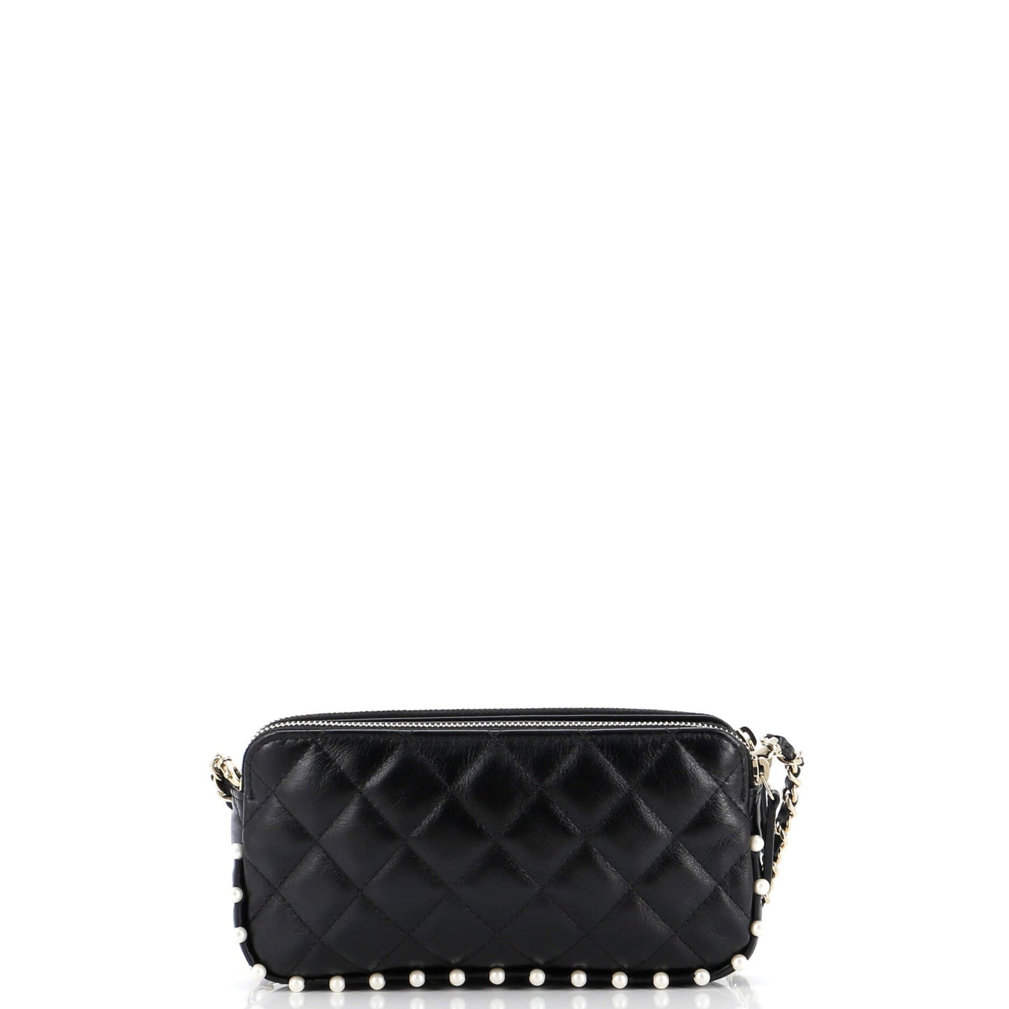 Double Zip Clutch with Chain Quilted Calfskin with Pearl Detail