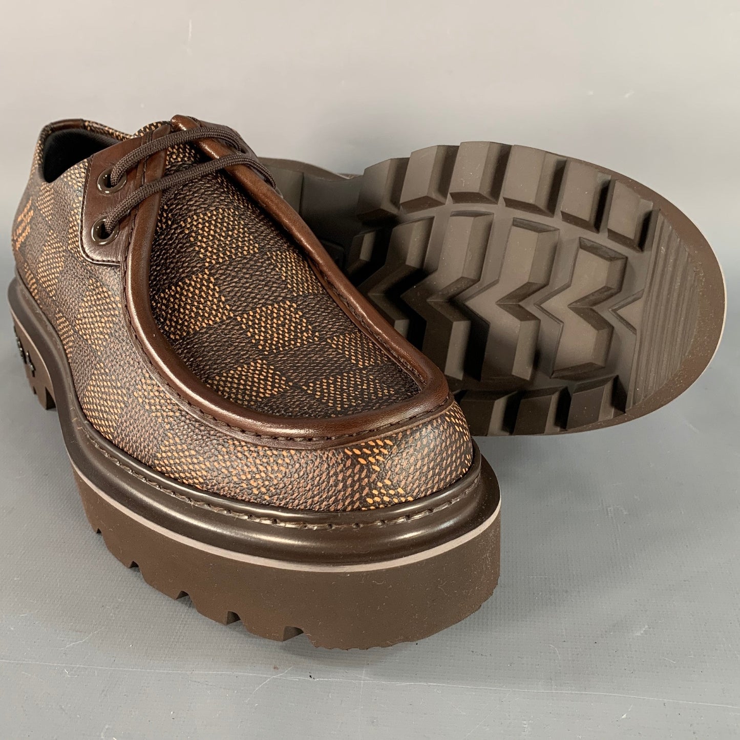 LOUIS VUITTON Size 10 Ranger Derby Brown Beige Coated Canvas Chunky Sole Moccasin Lace-Up Shoes