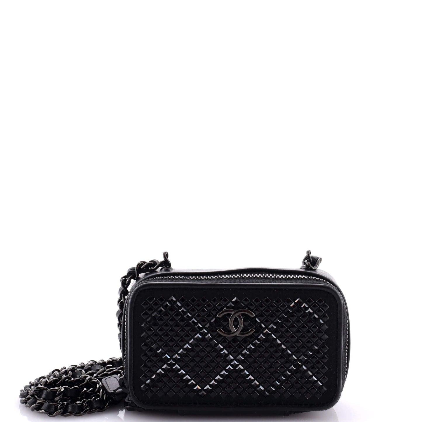 So Black Zip Around Vanity Clutch with Chain Strass Embellished Satin with Leather