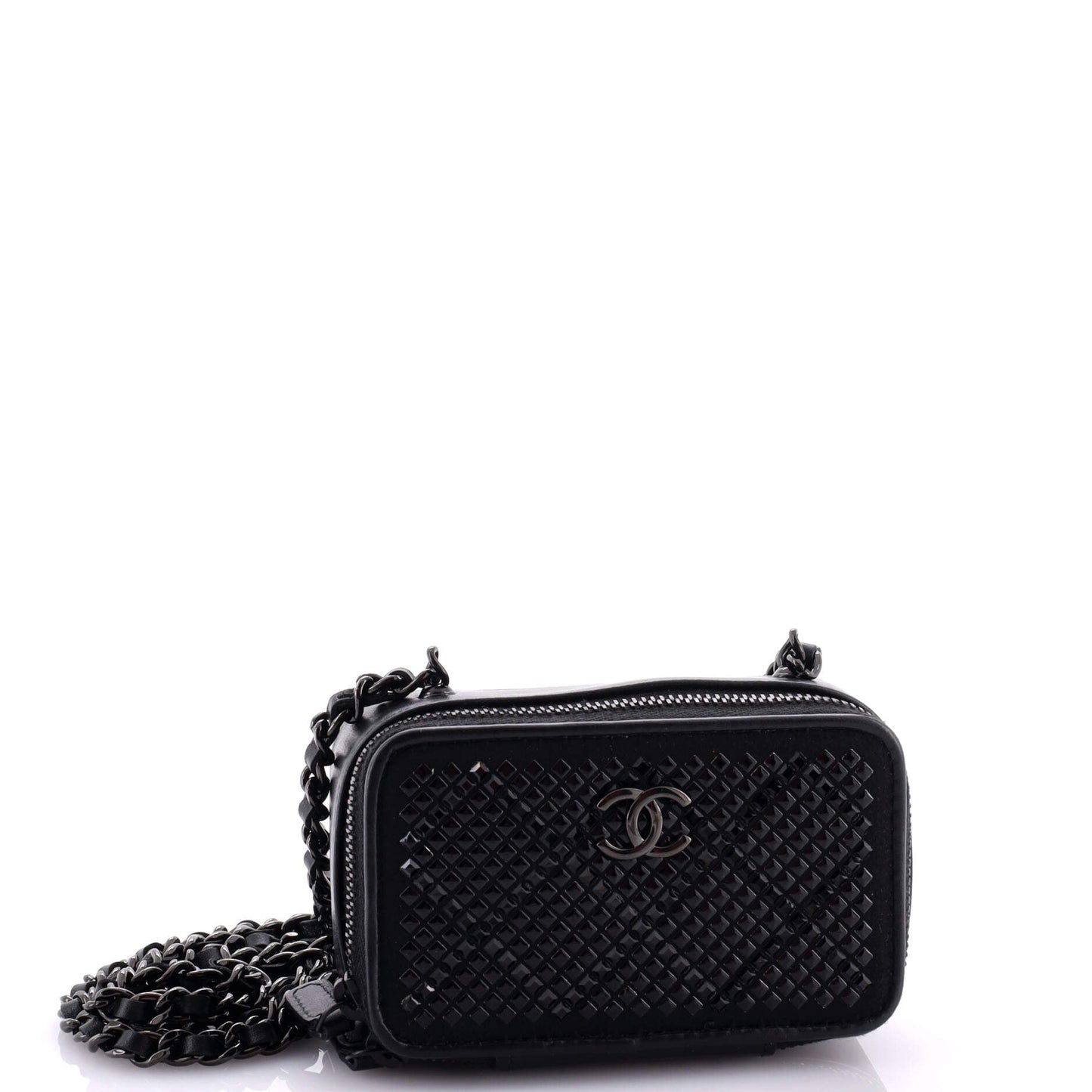 So Black Zip Around Vanity Clutch with Chain Strass Embellished Satin with Leather
