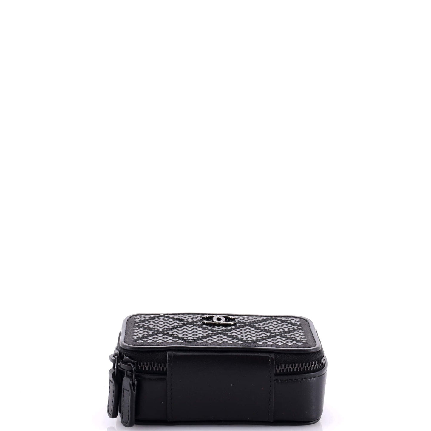 So Black Zip Around Vanity Clutch with Chain Strass Embellished Satin with Leather