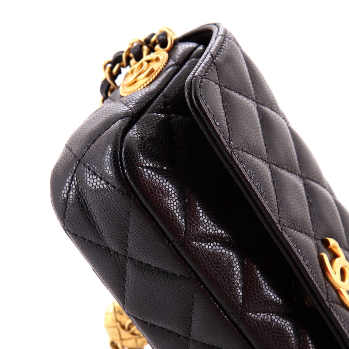 Twist Your Buttons Flap Clutch with Chain Quilted Caviar