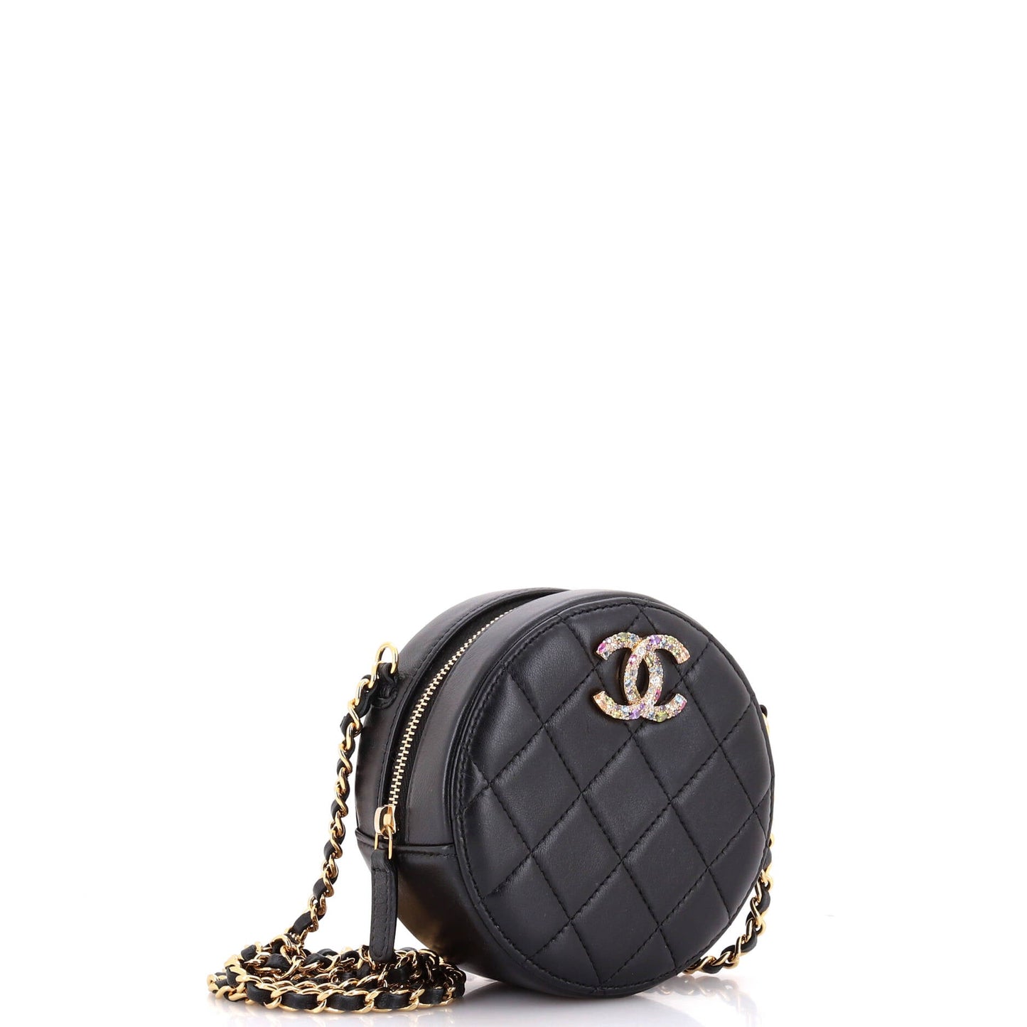 Round Clutch with Chain Quilted Lambskin with Zirconium