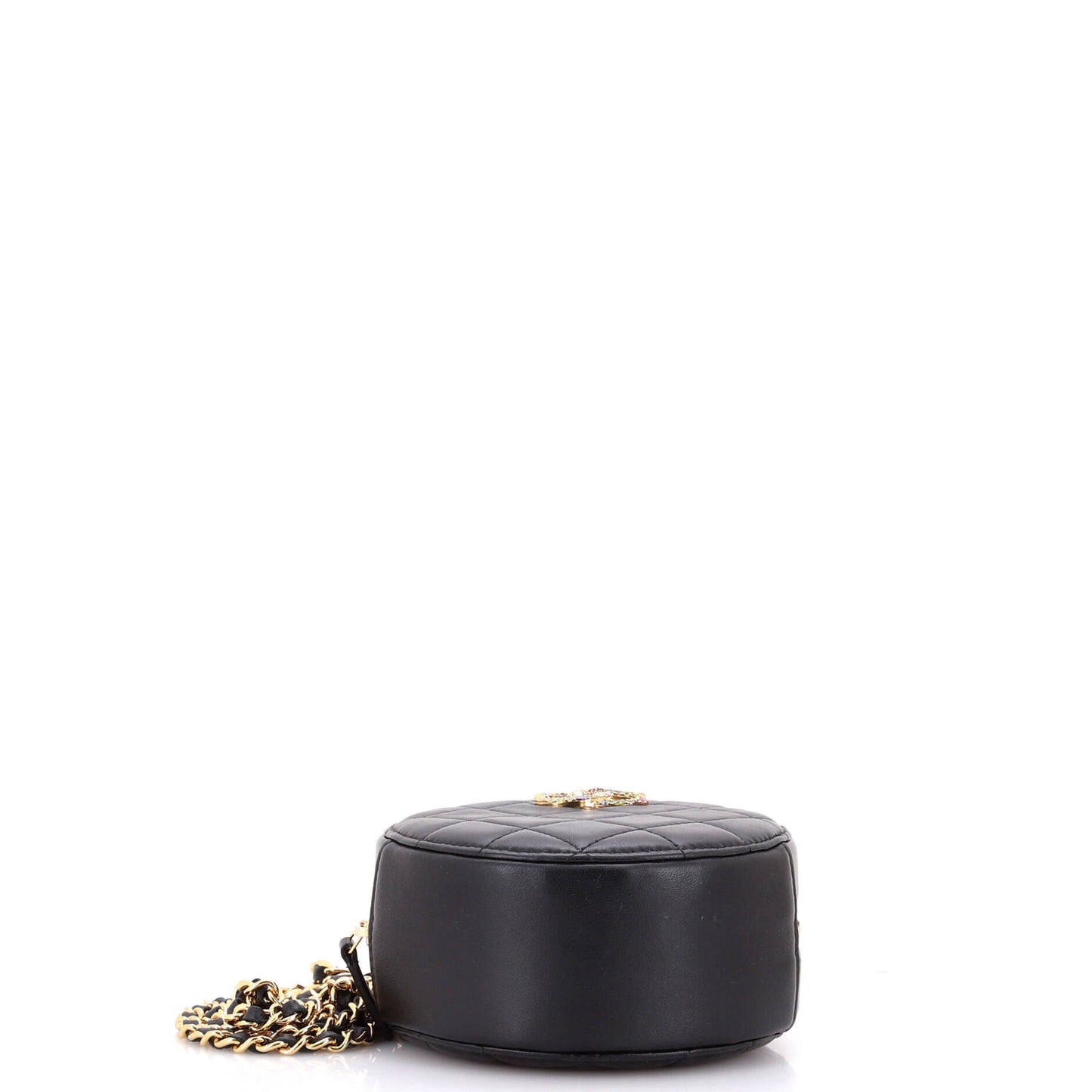 Round Clutch with Chain Quilted Lambskin with Zirconium