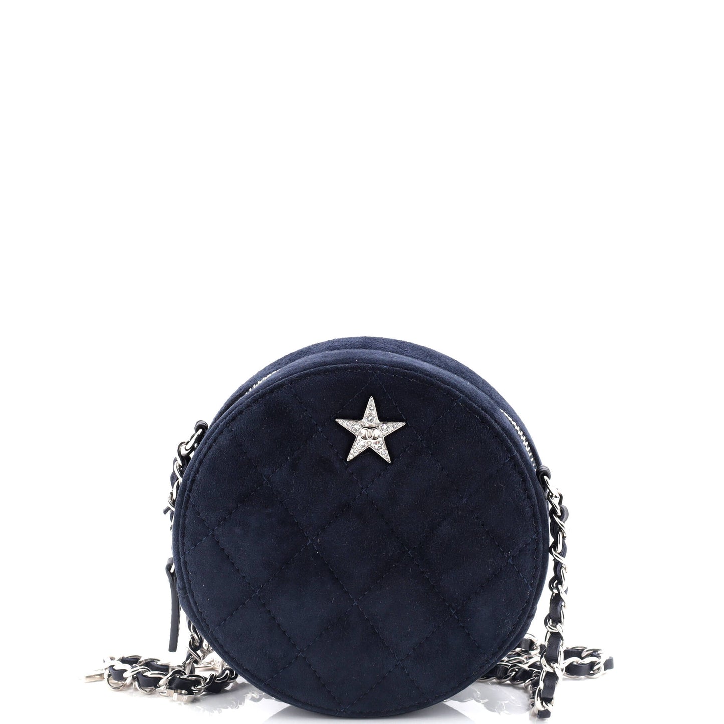 Star Round Clutch with Chain Quilted Suede with Crystal Embellished Charms