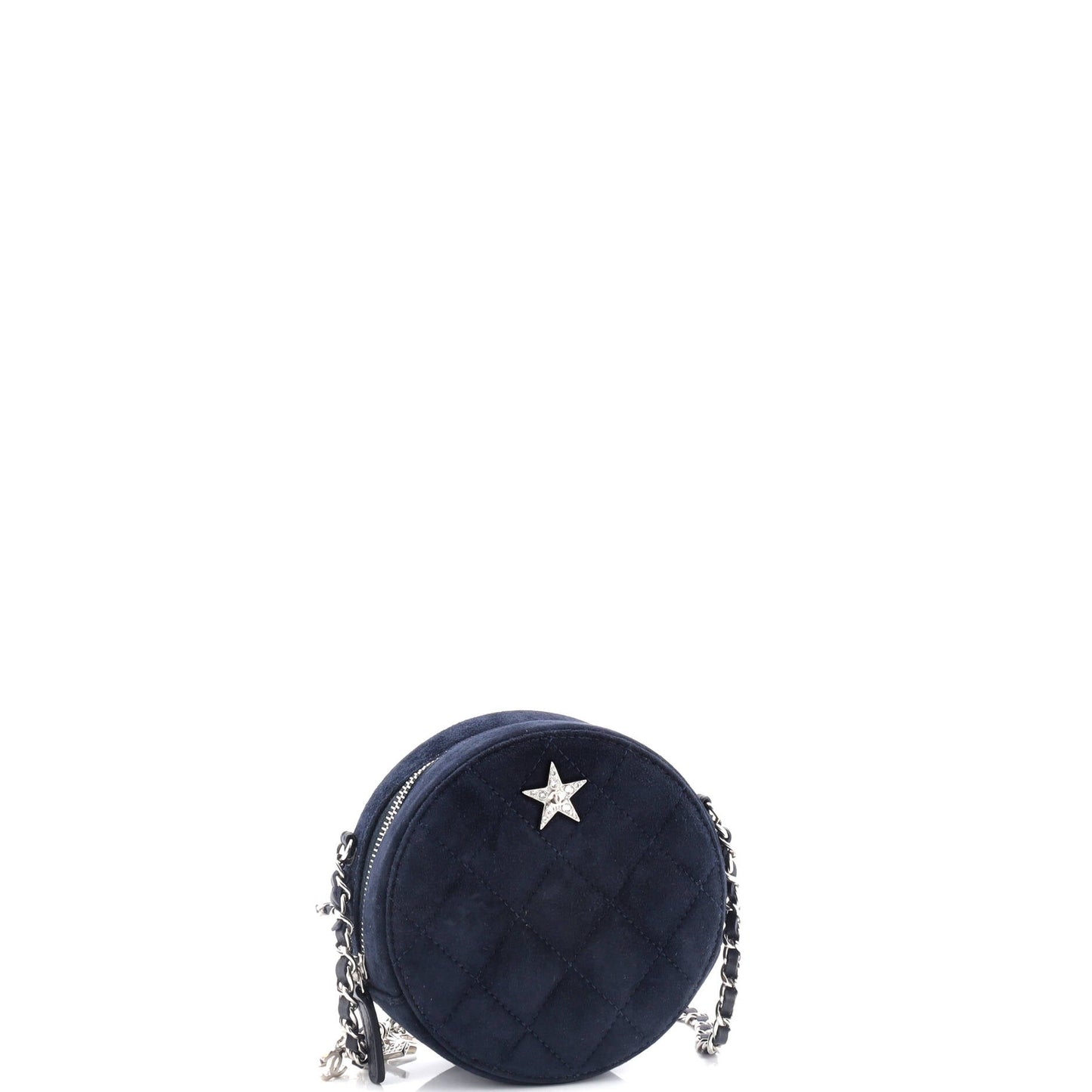 Star Round Clutch with Chain Quilted Suede with Crystal Embellished Charms