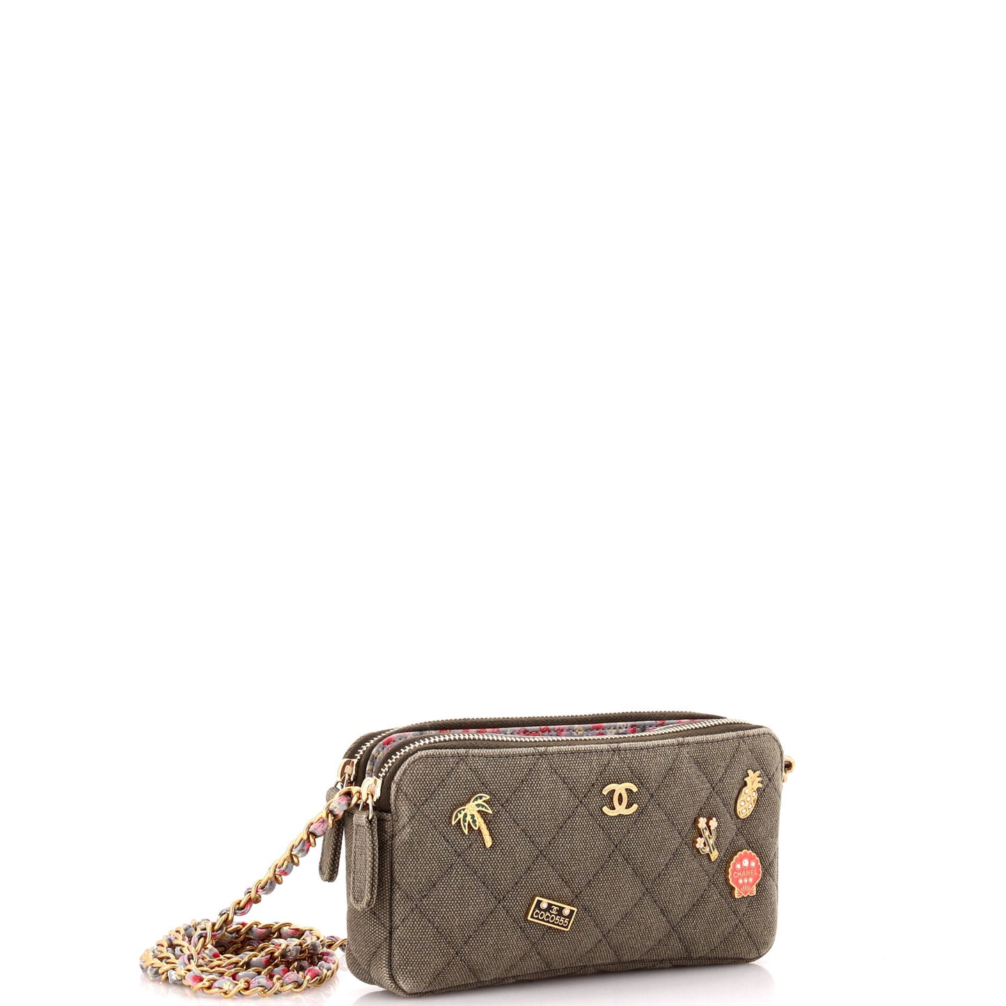 Cuba Charms Double Zip Clutch with Chain Quilted Canvas