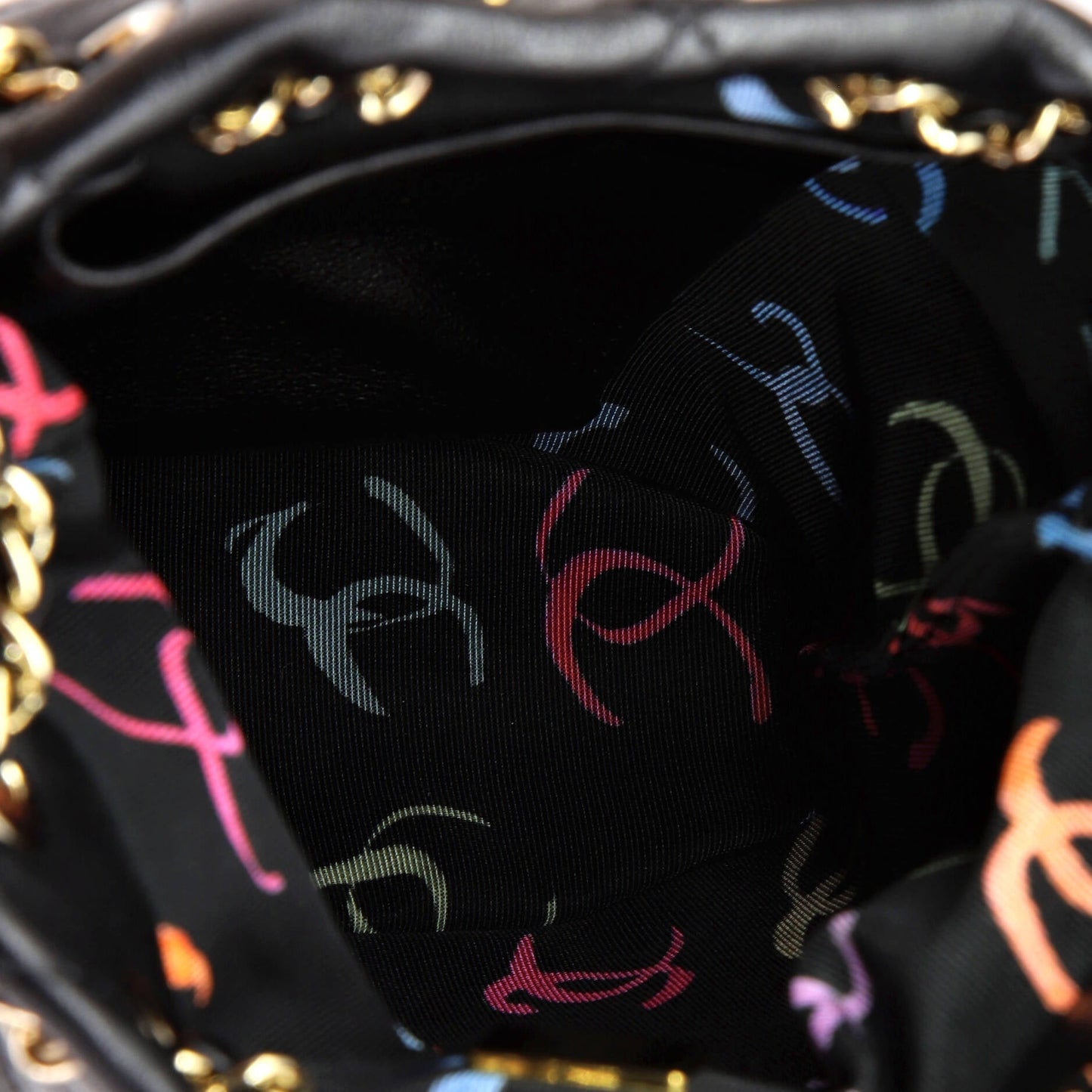 Logo Script Drawstring Chain Backpack Quilted Shiny Lambskin Small