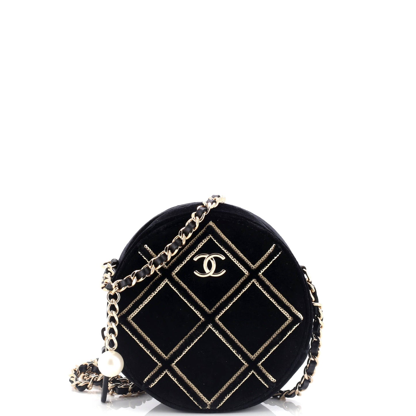 Round Clutch with Chain Quilted Velvet with Sequins