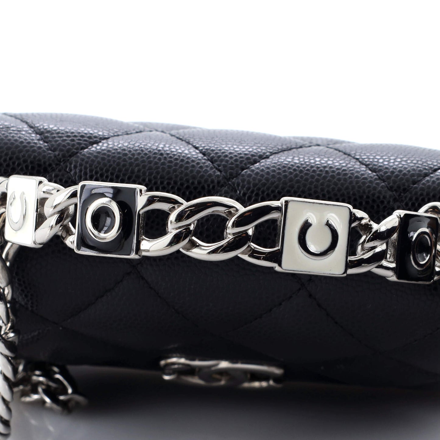 Coco Enamel Top Handle Flap Clutch with Chain Quilted Caviar